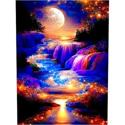 WUSARPLY Moonlight Waterfall Stamped Cross Stitch Kits - Nature Landscape Starry Scenery Needlepoint Counted Cross Stitch Kits for Beginners Adults Patterns Dimensions Embroidery Kits Arts and Crafts