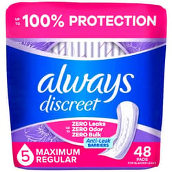 Always Discreet Adult Incontinence Pads for Women, Maximum Absorbency, Regular Length, Postpartum Pads, Up to 100% Bladder Leak Protection, 48 Count