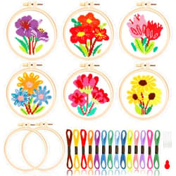 ZOIIWA 6PCS Spring Flower Cross Stitch Kits for Beginners DIY Embroidery Kit for Kids Adults Valentine's Day Easter Birthday Gift Needlepoint Patterns with 2 Embroidery Hoops Craft Supplies