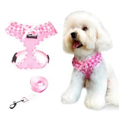 SuperBuddy Upgraded Soft Mesh Dog Harness, Super Breathable Lightweight Pet Harnesses for Puppy Dogs Outdoor Walking, Pink Dog Harness and Dog Leash Set Packing -Small