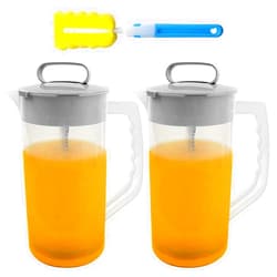 YEXEXINM 2 Pack Mixing Pitcher for Drink, 2 Quart/ 64oz Plastic Water Pitcher with Lid and Clean Sponge Brush, Angled Plastic Blades and Adjustable Mixer Plunger for Juice, Milk, Beverage Container
