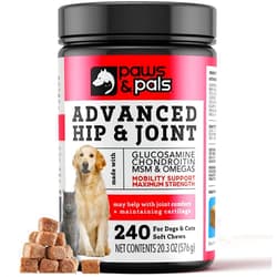 Paws & Pals Glucosamine Chondroitin MSM for dogs 240 Count, Hip and Joint Mobility Soft Chews Supplement, Pain & Inflammation Relief for all breeds - Maximum Strength, Treats Hip Dysplasia & Arthritis