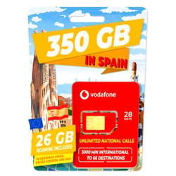 Tour Tech Vodafone Spain XL Prepaid SIM Card 350GB and 26GB in The Rest of Europe, UK, Turkey | 1600 Minutes to The US, Canada and to 66 Other Countries | Activation only at www tourtech .Shop