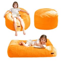 MAXYOYO Bean Bag Chair Bed for Kids, Convertible Bean Bag Folds from Lazy Chair to Floor Mattress Bed, Machine Washable Corded Fabric, Stuffed Floor Sofa Couch for Boys and Girls, Orange