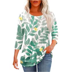 ZSJEBKDO Women Summer 3/4 Sleeve T-Shirt Pleated Chic Floral Print Shirt Crew Neck Oversize Causal Tops Fashion Versatile Top