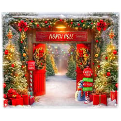 YCUCUEI 10x8ft Fabric Christmas Backdrop Winter Forest Wooden Barn Door North Pole Snowy Xmas Tree Photography Background Family Holiday Party Decor Photo Props