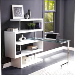 Fulocseny L Shaped Computer Desk Gaming Desk, Rotating Corner Office Desk, Modern Large Writing Study Table Workstation with Storage Shelves Bookshelf and Glass Tabletop, 55