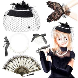 RGISHOP 5 Pcs Girls Tea Party Supplies,Kids Tea Party Favors Set for Little Girls with Black Hat Lace Gloves Folding Fan Necklace Bracelet for Kids Tea Party Decor Costume Accessories