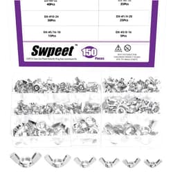Swpeet 150Pcs Carbon Steel Zinc Plated SAE Wing Nuts Butterfly Nuts Hex Dome Cap Fasteners Hardware Assortment Kit, 6 Sizes - #6-32#8-32#10-24#1/4