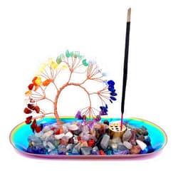 YIENENG Crystal Incense Holder for Sticks with Ash Catcher Tray Colorful Chakra Healing Crystal Tree Lucky Money Tree for Meditation, Yoga, Home Decor (Colourful)