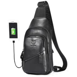 BULLCAPTAIN Leather Sling Chest Bag for Men Outdoor Hiking Travel Crossbody Bag Backpack with USB Charging Port