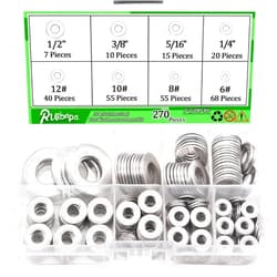 Ruibapa 270 PCS 304 Stainless Steel Flat Washers Assortment Kit 8 Size-1/2 3/8 5/16 1/4 12# 10# 8# 6#