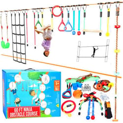 Hyponix Sporting Hyponix Ninja Warrior Obstacle Course for Kids up to 880 Lbs - 2 x 60 ft - W/Bottom line & 13 Obstacles | Weatherproof | Easily Setup on Trees or Posts | Ninja Course for Kids Outside | Monkey Line