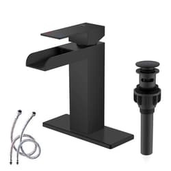 KENES Matte Black Waterfall Bathroom Faucet, Single Handle Black Bathroom Sink Faucet with Faucet Escutcheons, Pop Up Drain Stopper & Lead-Free Water Supply Lines LJ-9035-2