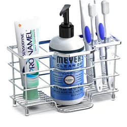 Linkidea Ventilated Toothbrush Holder for Bathroom, Stainless Steel Tooth Brush Stand for Toothbrush, Toothpaste, Razor, Hand Soap, Vanity Countertop 6 Slots Organizer (Chrome)