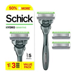 Schick Hydro Sensitive Razor, 1 Razor Handle and 3 Cartridges | Razors for Men Sensitive Skin, 5 Blade Razor Men, Mens Razors for Shaving, Razor Blades for Men, 1 Handle with 3 Razor Blades Refills