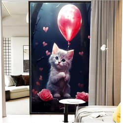 Dunmat Modern Fantasy Cat Frosted Window Privacy Film Cartoon Cute Animals Beautiful Balloons Window Clings Non-Adhesive Vinyl Decorative Stained Glass Covering Decals 23.6Wx35.4L inch