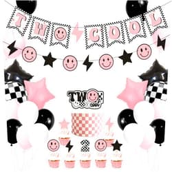 WCOSAM Two Cool Dude Pink Smile-Theme Birthday Party Decoration Set, Two Cool Girl Second Birthday Banner Cake Toppers Pink White Black Checker Balloons for Two Happy Face Party Supplies