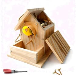 Paiaojia Hanging Bird House for Outside Clearance, Cedar Wooden Bird House to Paint for Finch Bluebird Cardinals, Bird Nest Feeder W/Rain Awning Kit for Outdoor Backyard Courtyard Patio Decor (DIY Detachable)