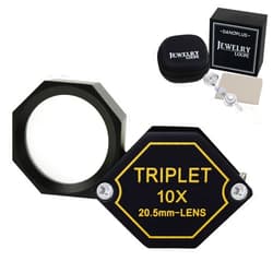 DANOPLUS 10x Magnifier Jewelry Loupe 20.5mm Triplet Lens Optical Glass Pocket Gem Magnifying Tool for Jeweler, Stamp Philatelist, Coin Numismatic, Achromatic Black Hexagonal Design Kit Set
