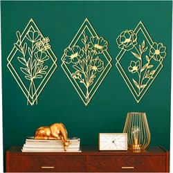 Peryiter 3 Pcs Metal Flower Wall Decor Minimalist Floral Wall Hanging Decor Flower Metal Wall Art Floral Metal Wall Decor for Living Room, Bathroom, Kitchen Indoor Outdoor (Gold,Diamond)