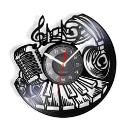 OTKU 12 inch Clock Musical Wall Clock Rock and Roll Wall Art Vinyl Record Clock Music Instrument Piano Wall Decor Microphone Headset Vinyl Clock for Vintage Room Decoration