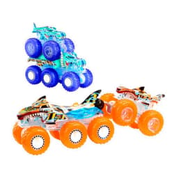 Hot Wheels Monster Trucks Toy Truck & Big Rig Multipack, 1:64 Scale Mega-Wrex & Tiger Shark with Big Rigs in Matching Power Smashers Deco