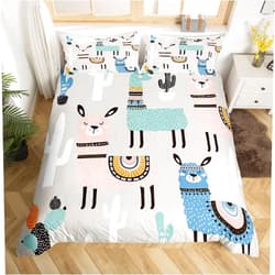 Erosebridal Alpaca Duvet Cover Boys Girls Cute Cartoon Comforter Cover Set Queen Size for Kids Teen Children Cute Cartoon Alpaca Cactus Printed Bedding Set Botanical Animal Decor Duvet Cover with Zipper Ties