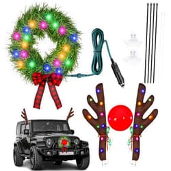 Ovsor Christmas Wreath & Reindeer Car Kit - 12-Volt Plug-in Wreath Lighting for Car Decorations, Sturdy Rudolph Reindeer with LED, Jingle Bells, Car Reindeer Kits for Any Vehicle Decorations