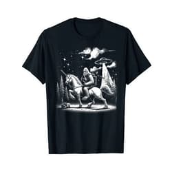 Funny Bigfoot UFO Alien Unicorn Cryptid Graphics Bigfoot Riding a Unicorn, Full Moon and a UFO Alien T-Shirt