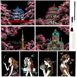AP ARTSPER Scratch Art for Kids & Adult, Magic Rainbow Flower Engraving Painting Paper, Landscape Scratchboard(A4) Sketch Beautiful Crafts Set: 8 Sheets with 4 tools - Drawing Pens, Cleaning Brush(Girl / Sakura)