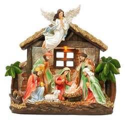 Valery Madelyn Christmas Nativity Figurines with LED Lights, Large Red Green White Holy Family Nativity Scenes Resin Manger for Xmas Indoor Home Table Fireplace Holiday Decorations, 10.6 Inch Tall