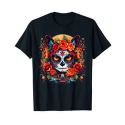 Funny Cat Dia De Los Muertos Halloween Costume Tee Cute Cat Sugar Skull Mexican Cat Halloween Day Of The Dead T-Shirt