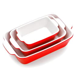 Hiceeden 3 Pack Ceramic Baking Dishes, Porcelain Casserole Dish with Handle, Ceramic Lasagna Pan Bakeware Set, (13.7''/9.8''/7.9'') Baking Dish Pan with Handle for Brownie, Cake, Stew, Rectangle, Red