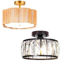 Jolydoly Rattan Boho Ceiling Light+Black Crystal Light Fixture