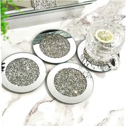GIMORRTO Glass Mirrored Coaster 4 PC, Crushed Diamond Round 4