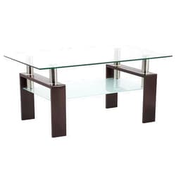 POULEII Rectangle Walnut Glass Coffee Table, Clear Coffee Table, Modern Side Center Tables for Living Room.