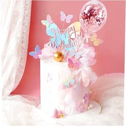 Newmemo 12pcs Gradient Sequins Cake Toppers, Rose Gold Confetti Balloon Cake Supplies, Glitter Cupcake Toppers Picks, Butterfly Decorations for Birthday Wedding Fairy Party