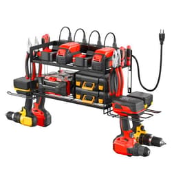 CCCEI Garage Tools Storage with Charging Station. Power Tool Battery Organizer Utility Shelf with Power Strip. 4 Drills Holder Wall Mount Rack, Black.