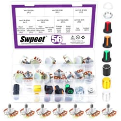 Swpeet 57Pcs Single Linear Rotary Taper Potentiometer with Plastic and Aluminum Alloy Knobs Kit, 5K 10K 50K 100K 250K 500K 1M Ohm Potentiometer Carbon file Variable Resistor for Audio Volume Control