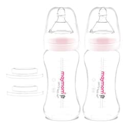 Maymom Wide-Mouth Milk Collection Storage and Feeding Bottle with Nipple, Pink Dome Cap, Bottle Top, SureSeal Sealing Disk; Compatible with Spectra Pump/Motif Luna; 2 pc (9Oz/280mL)