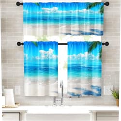 Emvency 36 Inch Kitchen Curtains Beach Ocean Window Curtains and Valances Set of 3, Blue Sea Summer Coastal Short Tier Curtain for Kitchen,Vintage Small Kitchen Decor
