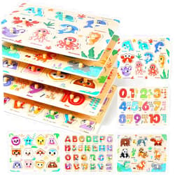 GR GRINNNIE GRINNNIE Wooden Puzzles for Toddlers 1 2 3 Years Old, Montessori Toddler Toys 5PCS Peg Puzzles with Knob - Number, Alphabet, Shape, and Animal, Great Gifts for Boys Girls