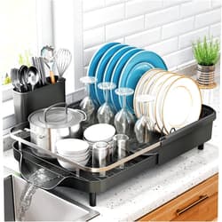 SNTD Dish Drying Rack, Expandable Dish Rack for Kitchen Counter, Stainless Steel Dish Drainer with Drainboard Set and Utensil Holder (Black)