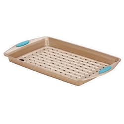 Rachael Ray Cucina Nonstick Bakeware Set with Grips, Nonstick Cookie Sheet / Baking Sheet and Crisper Pan - 2 Piece, Latte Brown with Agave Blue Handle Grips