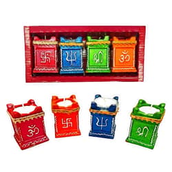 Craftsman Genieland 4 Pc Set Tulsi Clay Diya Diwali Dia with Filled Wax Wicks for Puja Pooja Traditional Decorative Handmade Colored Terracotta Earthen Vilakku Oil Lamp Diyas Natural Mitti Deepawali Items