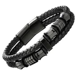 COOLSTEELANDBEYOND Mens Double-Row Braided Leather Bracelet Bangle Wristband with Black Stainless Steel Ornaments