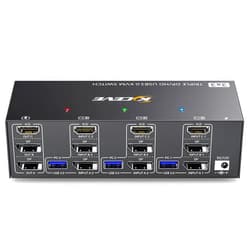 Camgeet KVM Switch 3 Monitors 3 Computers 8K@60Hz 4K@144Hz, Camgeet HDMI+2 Displayport KVM Switch Triple Monitor for 3 Computer Share 3 Monitor and 4 USB3.0 Devices,Wired Remote and 12V power adapter Included