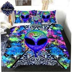 SleepWish Trippy Alien by Brizbazaar Comforter Set Hippie Full Size Set Colorful Psychedelic Bedding Neon Alien Bed Set Outer Space Tie Dye Bedspread for Teens Boys Girls (Full, Blue, 4 Pieces)