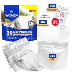 Wallaby 30 Count MRE Mylar Bags with 400cc Oxygen Absorbers, 15 Mil Total Thicker Long-Term Food Storage Pouches, 6.5x8.5 Stand-Up Zipper Heat-Sealable Airtight Packaging - Silver